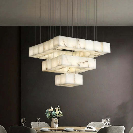 Modern Luxury Alabaster Cubic Round Pendant For Dining Table, Staircase by Bling Lighting Studio