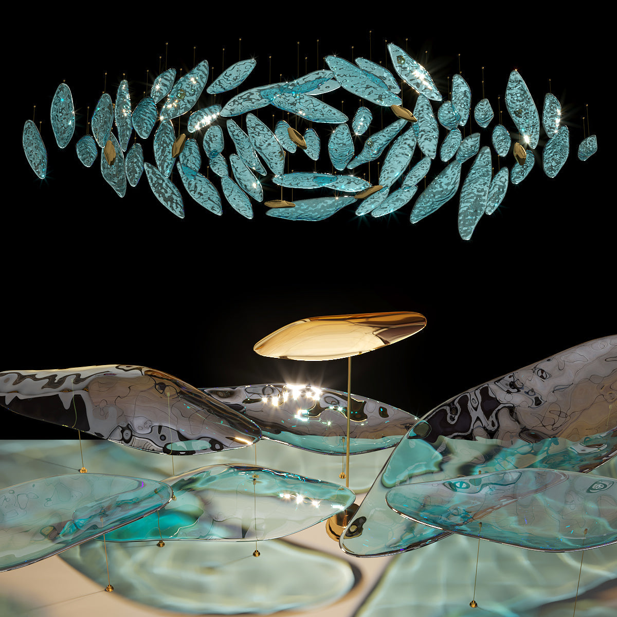 Aqua Glass Manta Orbit Chandelier