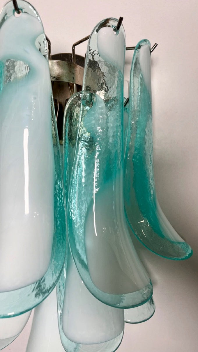 Murano Wall Lamp | 10 White Turquoise Lattimo Petal Glass | Set of 2