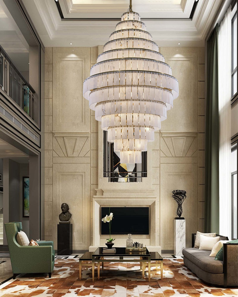 Stairwell Luxury Modern LED High Ceiling Large Alabaster Chandelier by Bling Lighting Studio