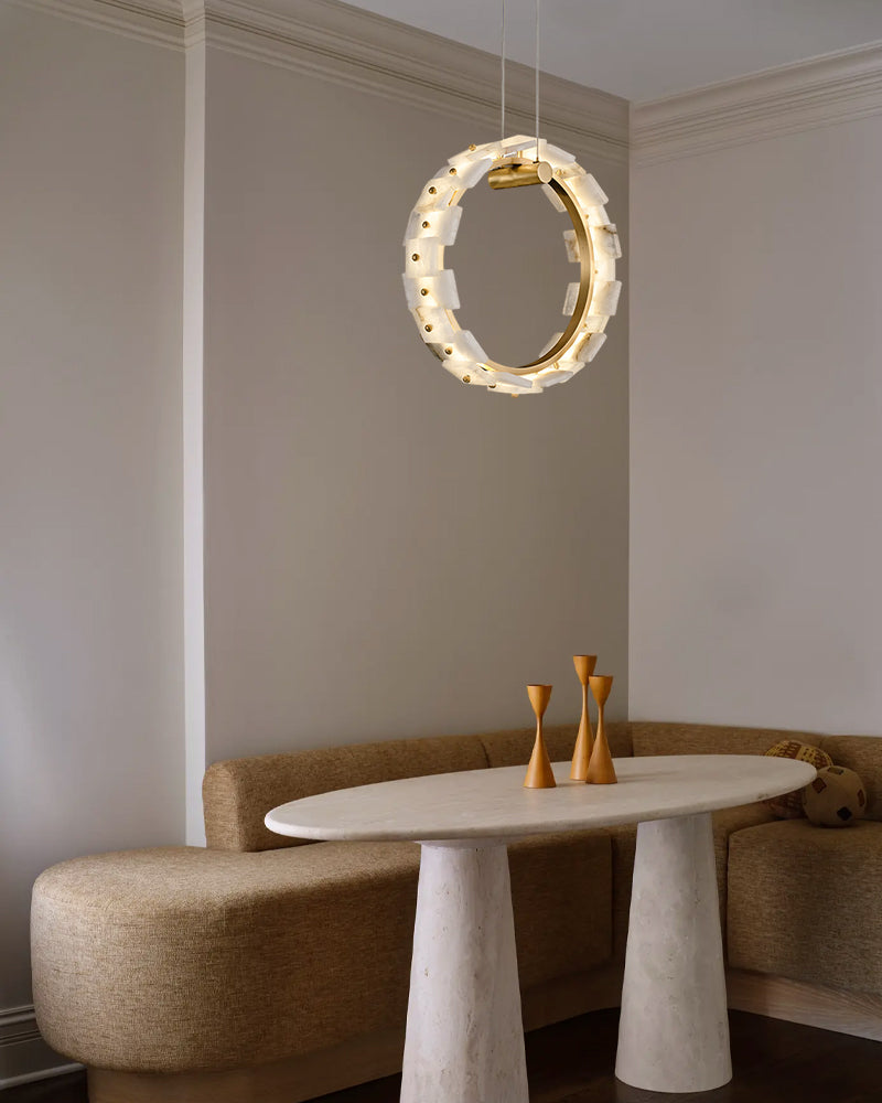 Antique Brass Ring Frame Round Halo Alabaster Modern Lighting Chandelier Wide 31"