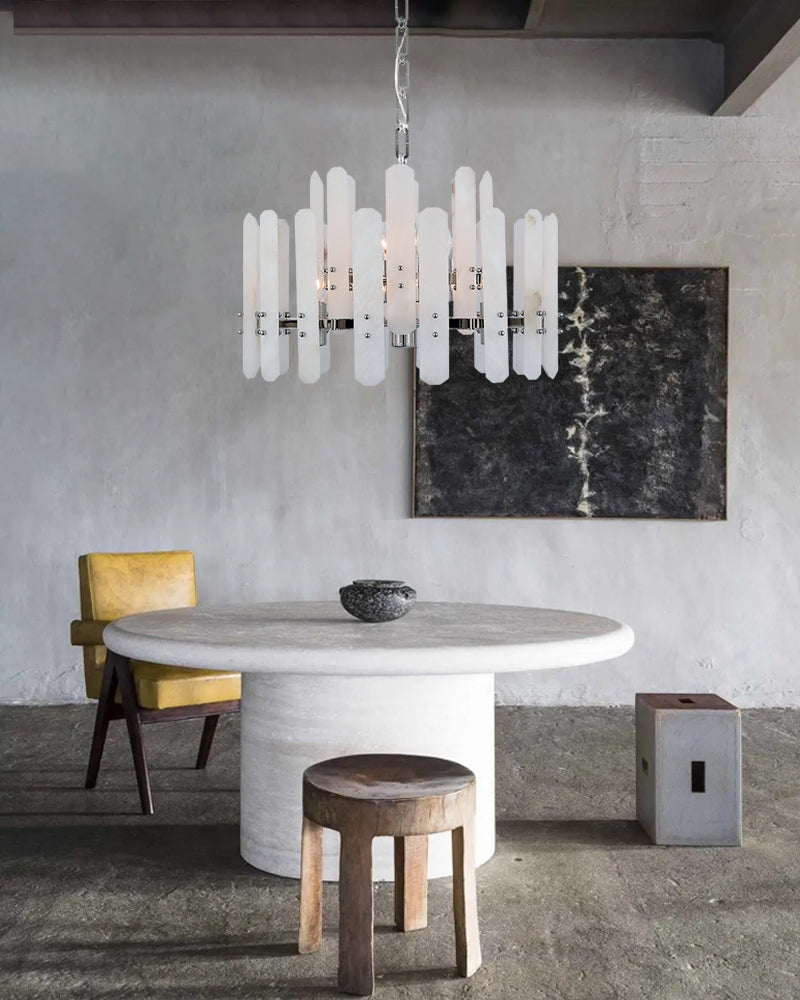 Large Alabaster Rectangular Chandelier Wide 40“ 45” with Chrome Frame for dining room