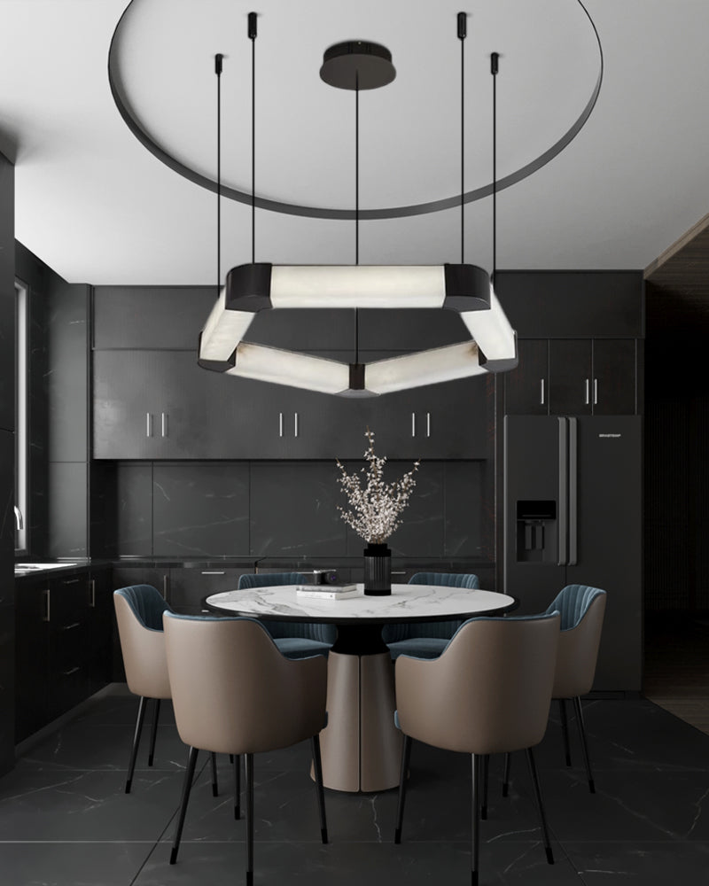 Ring lamps on string suspension in the form of pentagons made of Spanish marble and metal corners