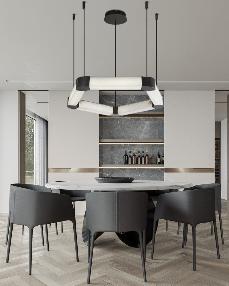 Ring lamps on string suspension in the form of pentagons made of Spanish marble and metal corners