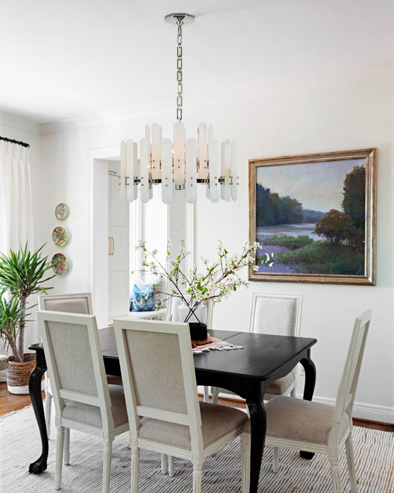 Large Alabaster Rectangular Chandelier Wide 40“ 45” with Chrome Frame for dining room