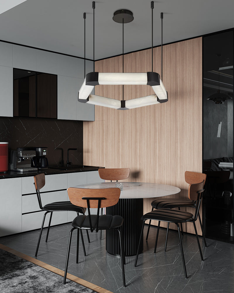 Ring lamps on string suspension in the form of pentagons made of Spanish marble and metal corners