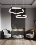 Ring lamps on string suspension in the form of pentagons made of Spanish marble and metal corners
