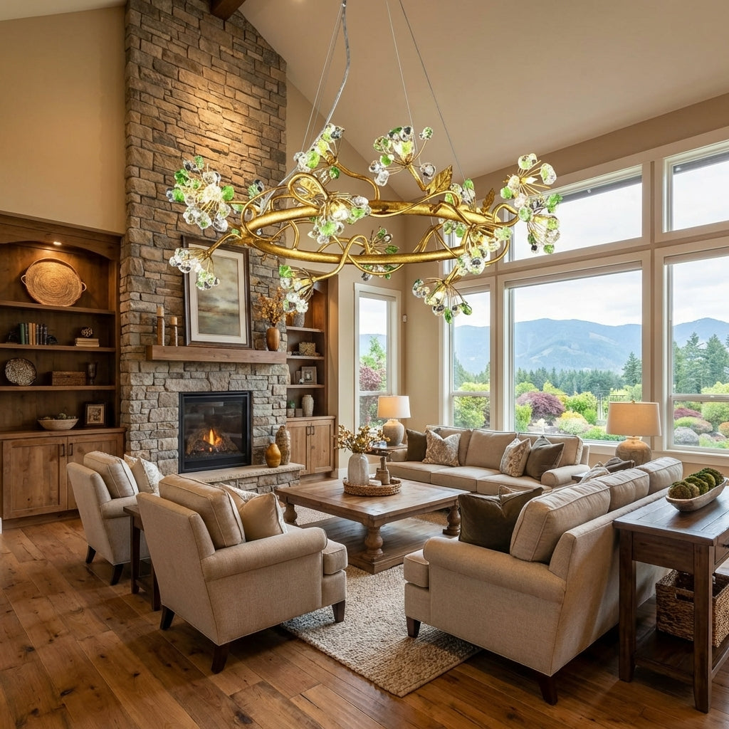Modes Brass Ring Stone Flower Chandelier
