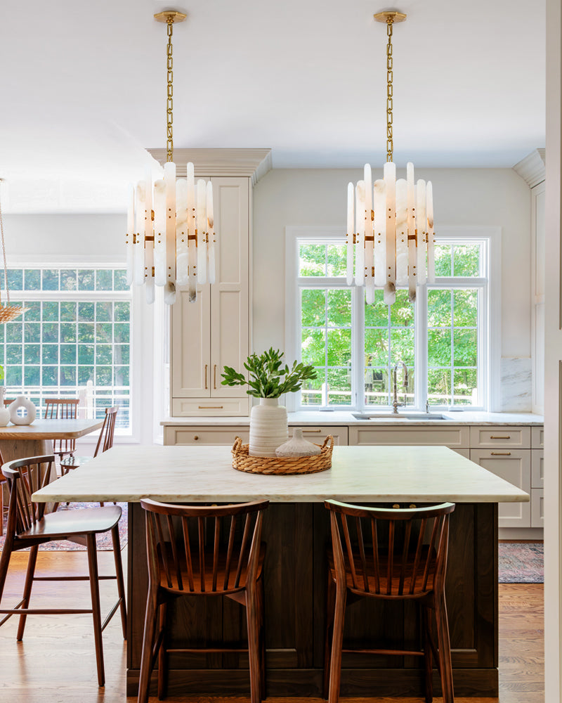 Large Alabaster Rectangular Chandelier Wide 40“ 45” with Chrome Frame for dining room