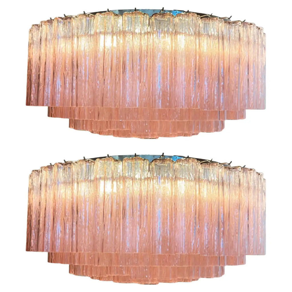 Pair Magnificent Murano Glass Chandeliers, 101 Pink Tube Glasses