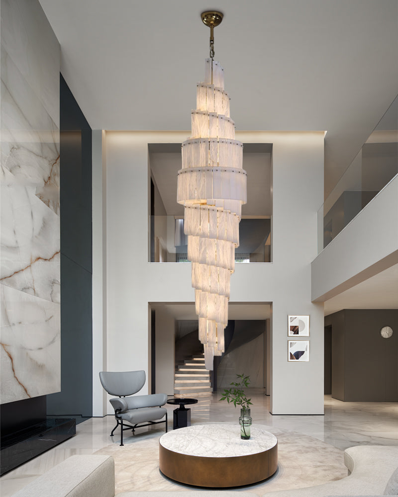Stairwell Luxury Modern LED High Ceiling Large Alabaster Chandelier by Bling Lighting Studio