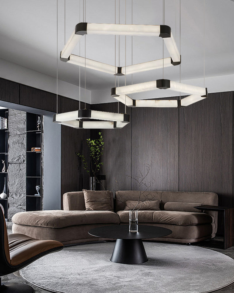 Ring lamps on string suspension in the form of pentagons made of Spanish marble and metal corners