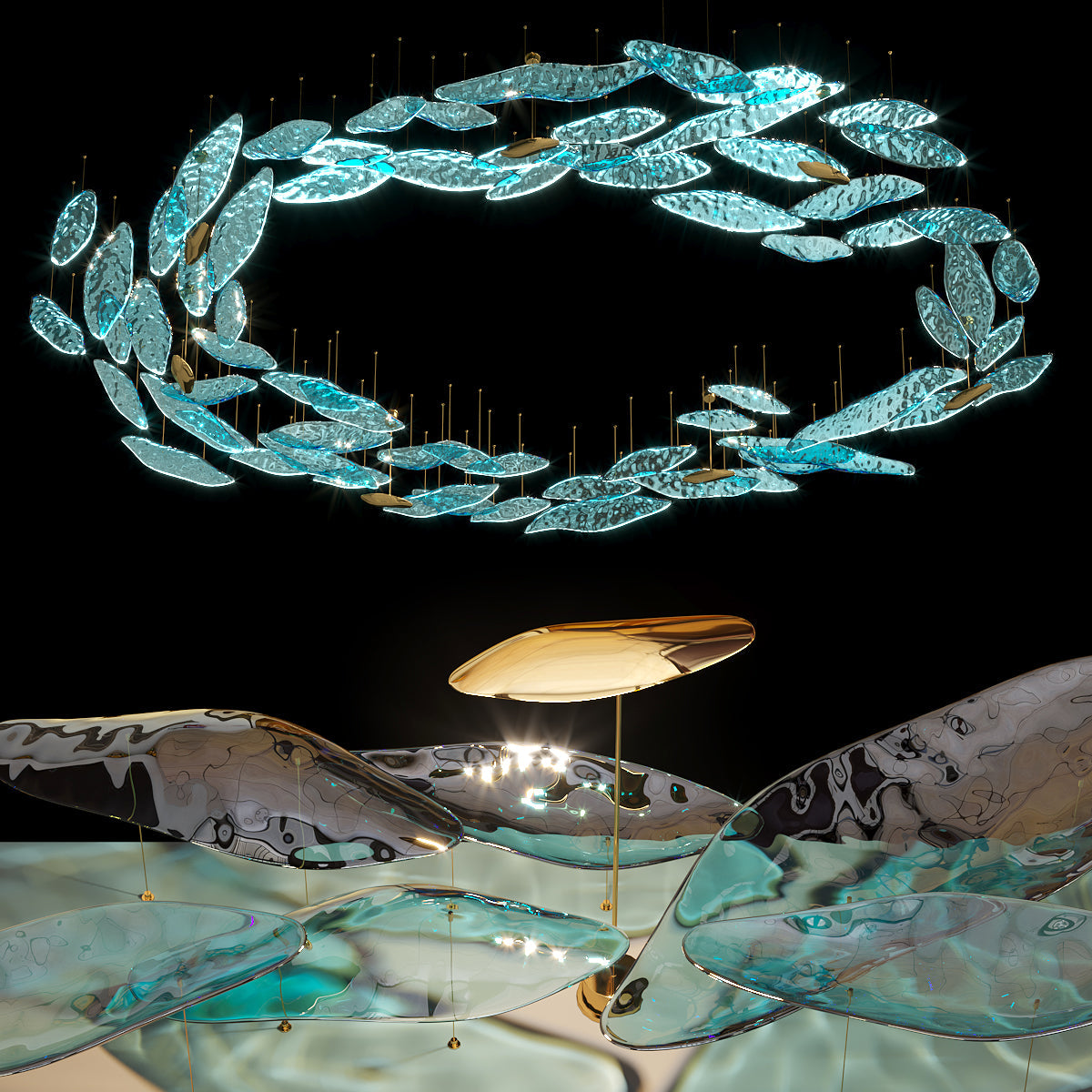 Aqua Glass Manta Orbit Chandelier
