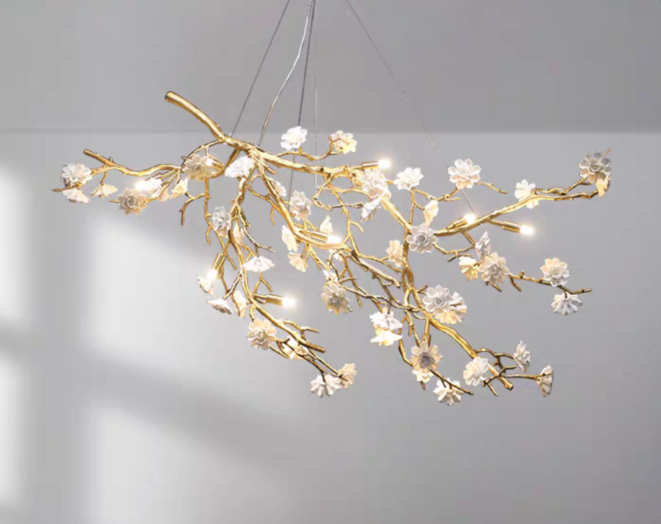 Post-Modern Art Brass and Ceramics Flower Pendant Branch Chandelier for Living/Dining Room by Bling Lighting Studio
