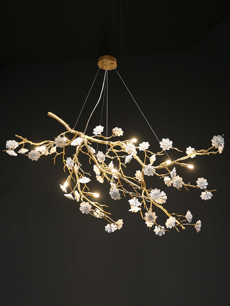 Post-Modern Art Brass and Ceramics Flower Pendant Branch Chandelier for Living/Dining Room by Bling Lighting Studio