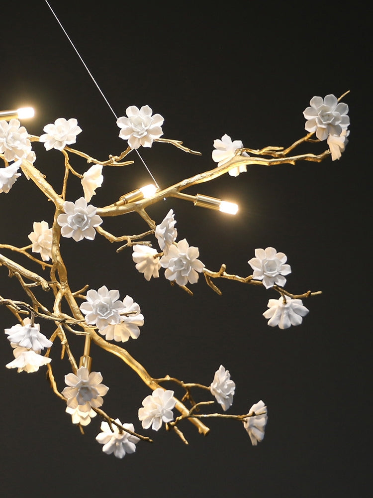 Post-Modern Art Brass and Ceramics Flower Pendant Branch Chandelier for Living/Dining Room by Bling Lighting Studio