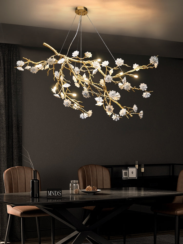 Post-Modern Art Brass and Ceramics Flower Pendant Branch Chandelier for Living/Dining Room by Bling Lighting Studio