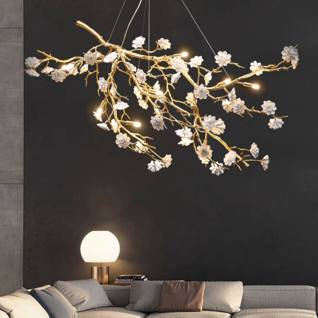 Post-Modern Art Brass and Ceramics Flower Pendant Branch Chandelier for Living/Dining Room by Bling Lighting Studio