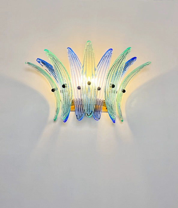 Murano Wall Lamp | 9 Blue Turquoise Palmette Glass | Set of 2