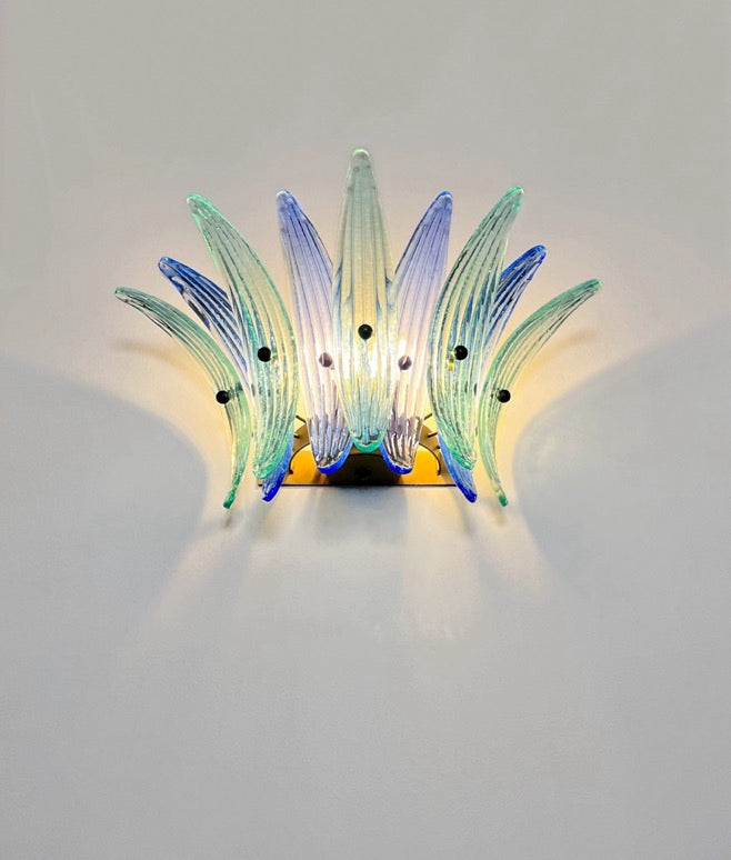 Murano Wall Lamp | 9 Blue Turquoise Palmette Glass | Set of 2