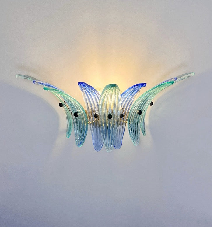 Murano Wall Lamp | 9 Blue Turquoise Palmette Glass | Set of 2