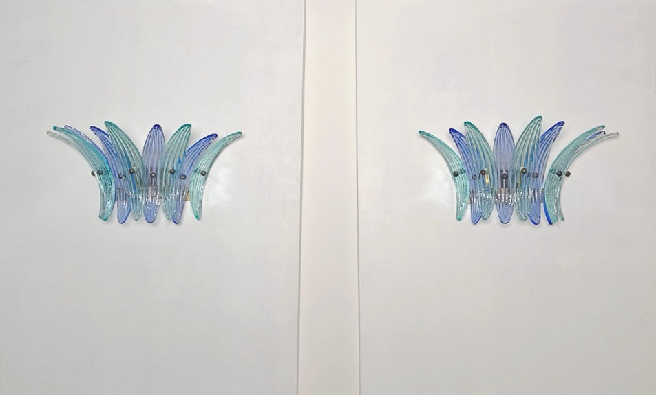 Murano Wall Lamp | 9 Blue Turquoise Palmette Glass | Set of 2