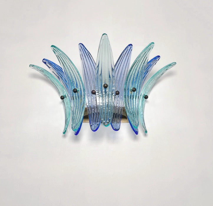 Murano Wall Lamp | 9 Blue Turquoise Palmette Glass | Set of 2