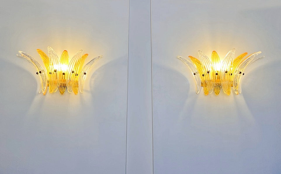 Murano Wall Lamp | 9 Clear Yellow Palmette Glass | Set of 2