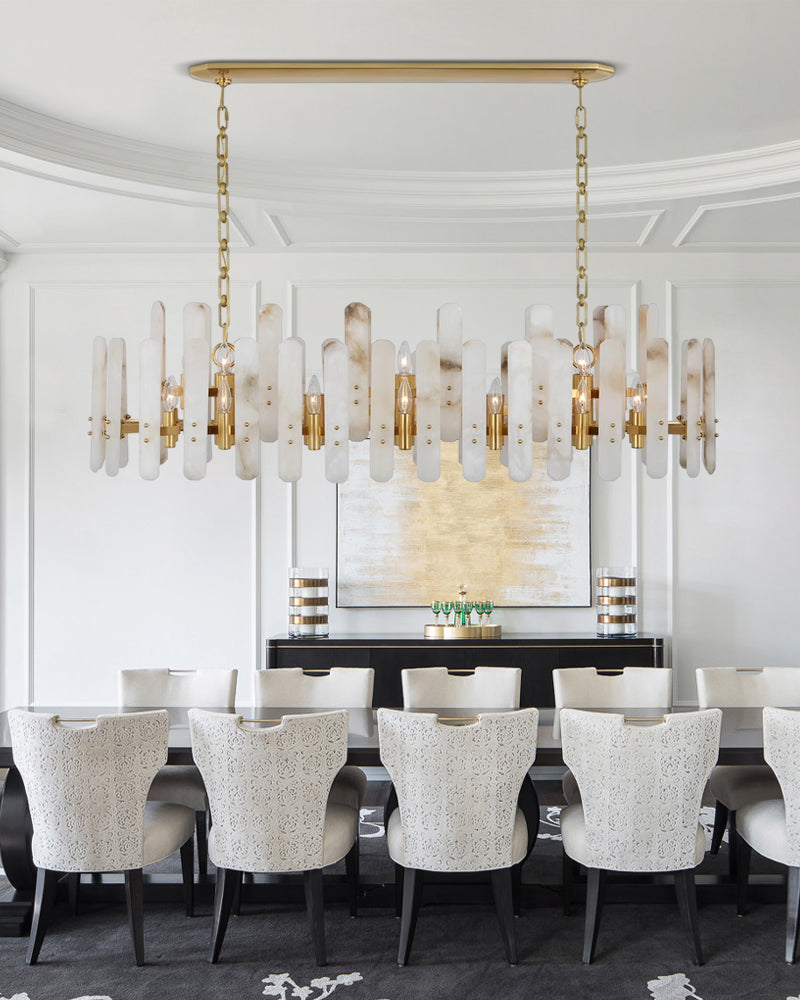 Large Alabaster Rectangular Chandelier Wide 40“ 45” with Chrome Frame for dining room