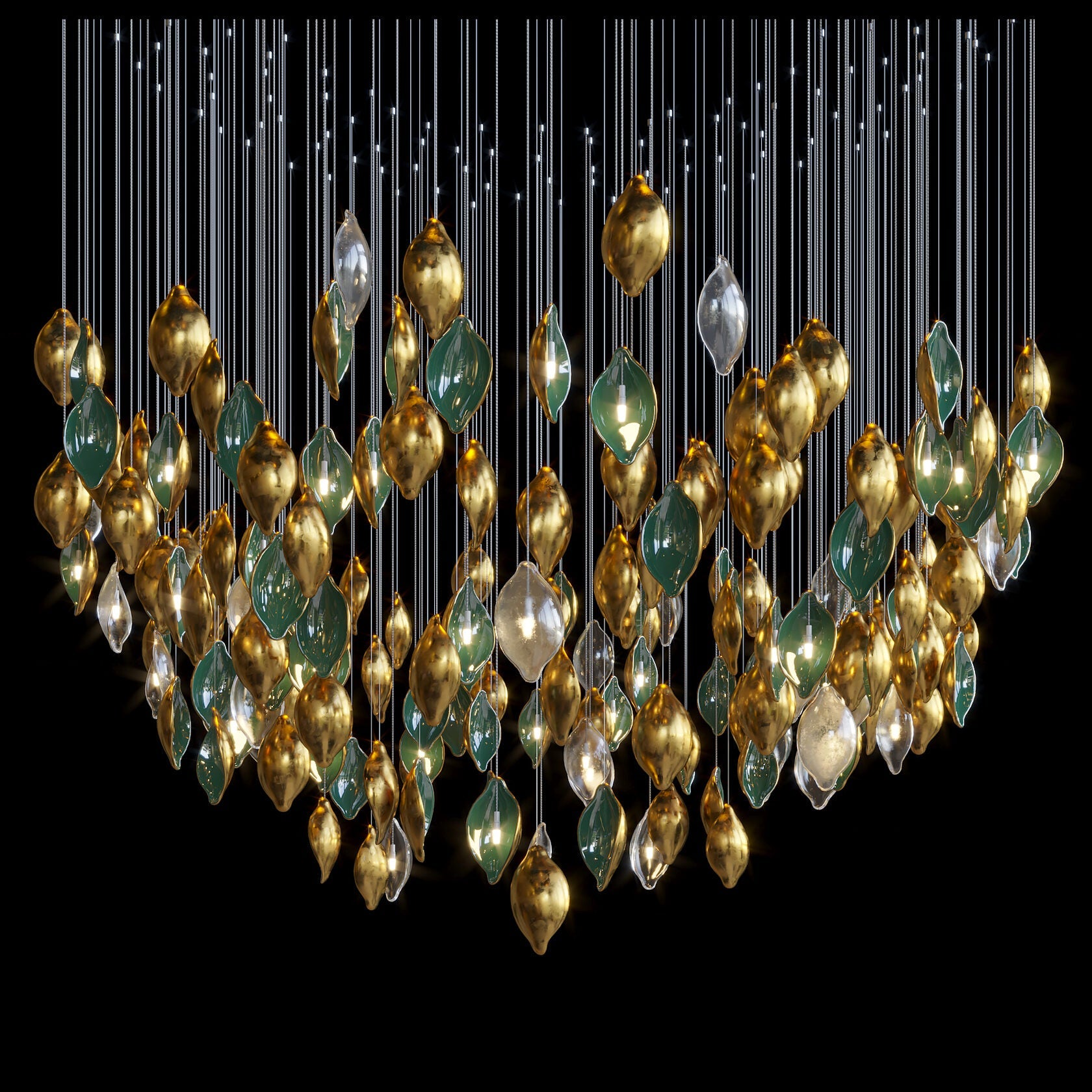 Gold Green Pod Rain Chandelier