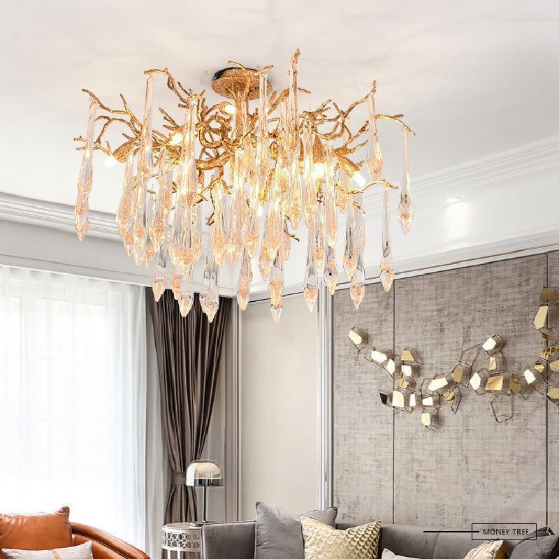 Iris Raindrop Brass Branch Crystal Ceiling Light Flushmount by Bling Lighting Studio
