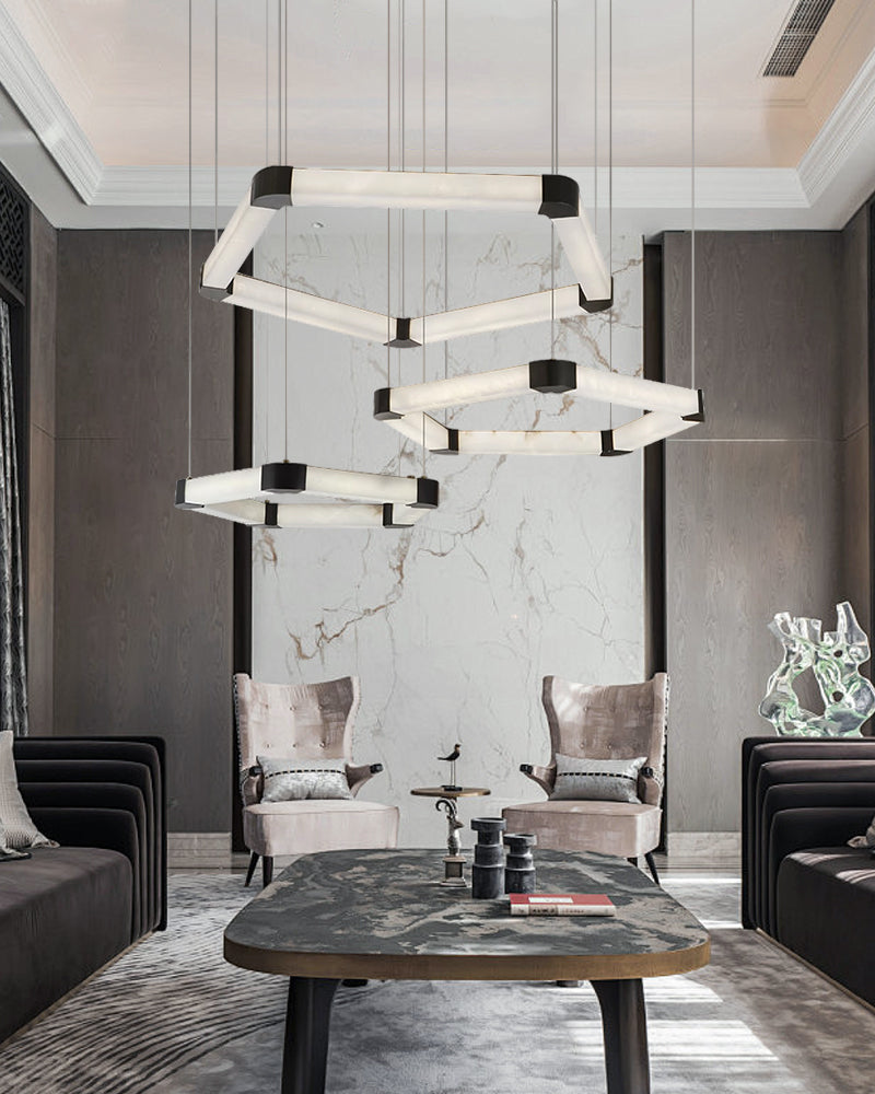 Ring lamps on string suspension in the form of pentagons made of Spanish marble and metal corners