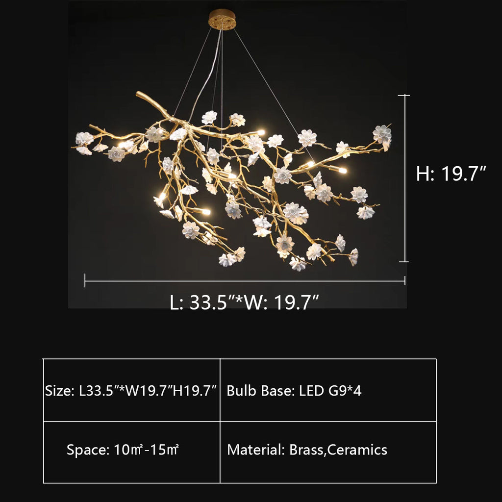 Post-Modern Art Brass and Ceramics Flower Pendant Branch Chandelier for Living/Dining Room by Bling Lighting Studio