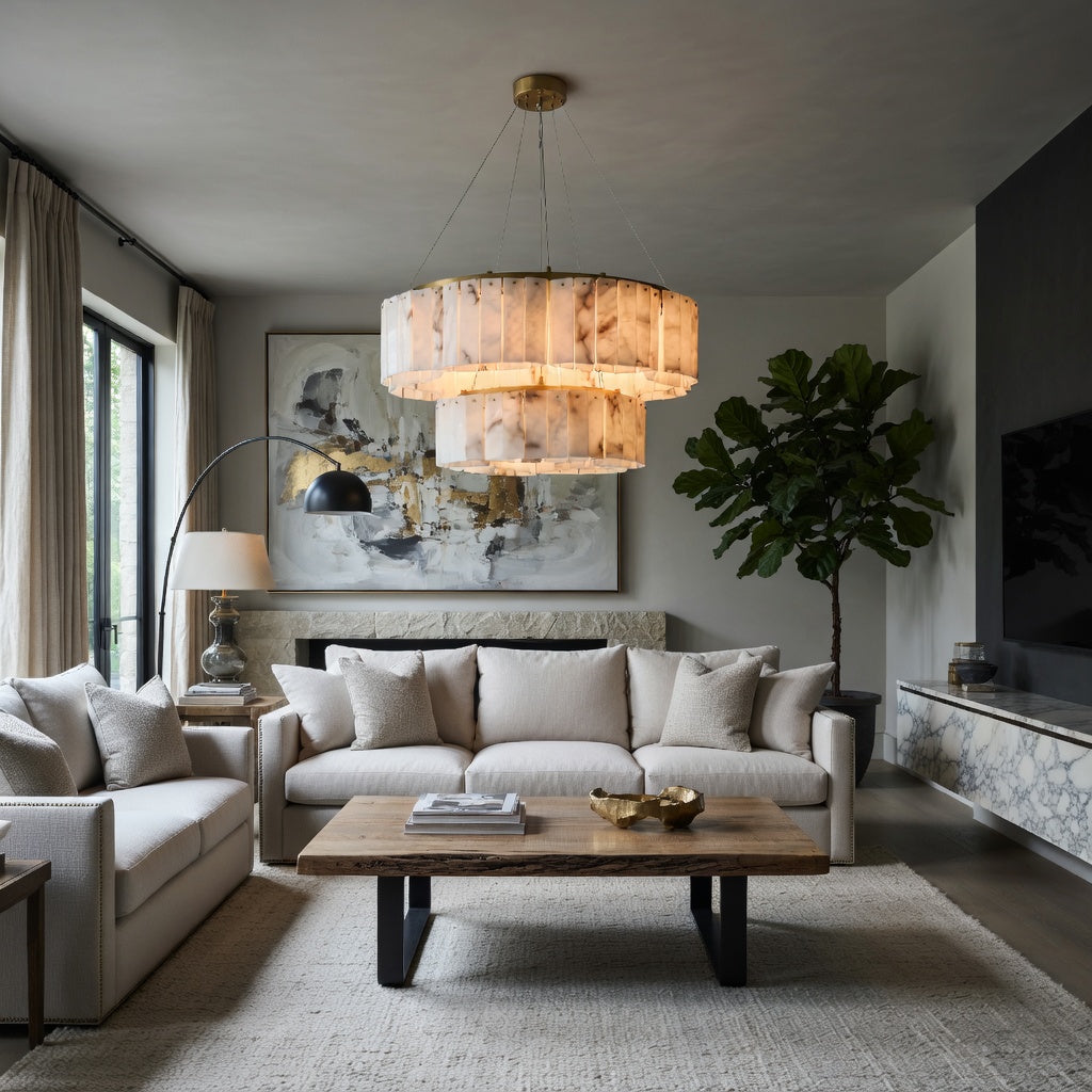 Oakley Two-Tier Layered Alabaster Chandelier detail view