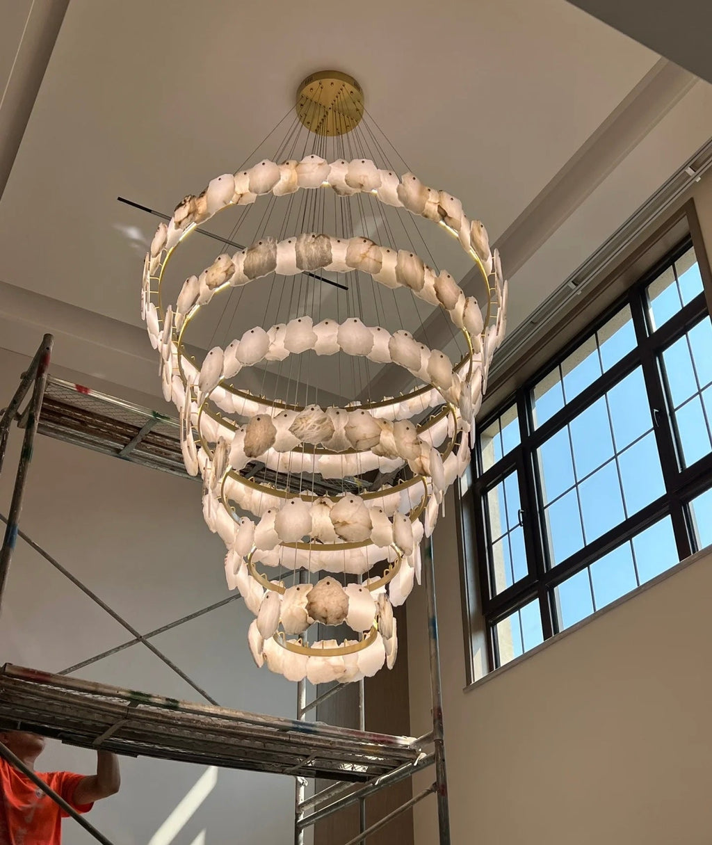Modern Multi-layer White Alabaster Chandelier for Staircase/Foyer by Bling Lighting Studio
