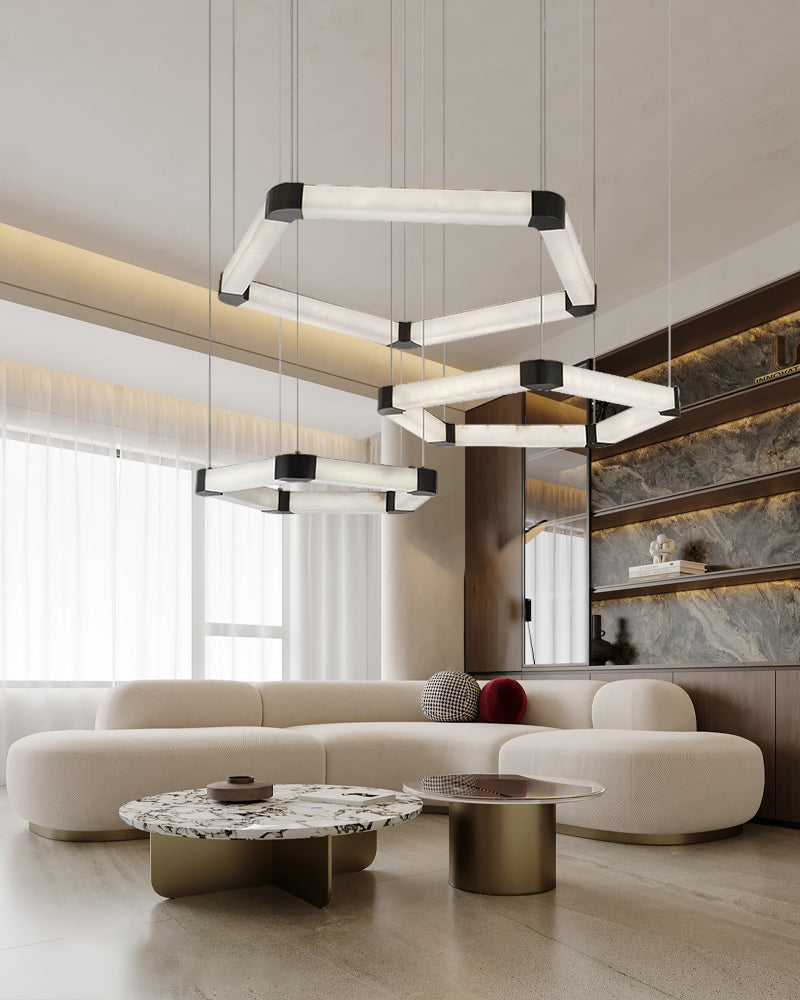 Ring lamps on string suspension in the form of pentagons made of Spanish marble and metal corners