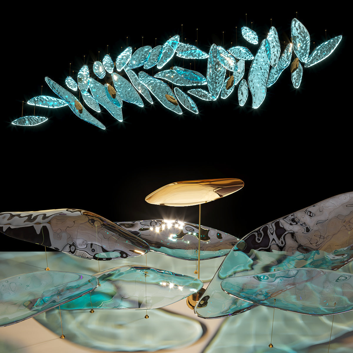 Aqua Glass Manta Orbit Chandelier