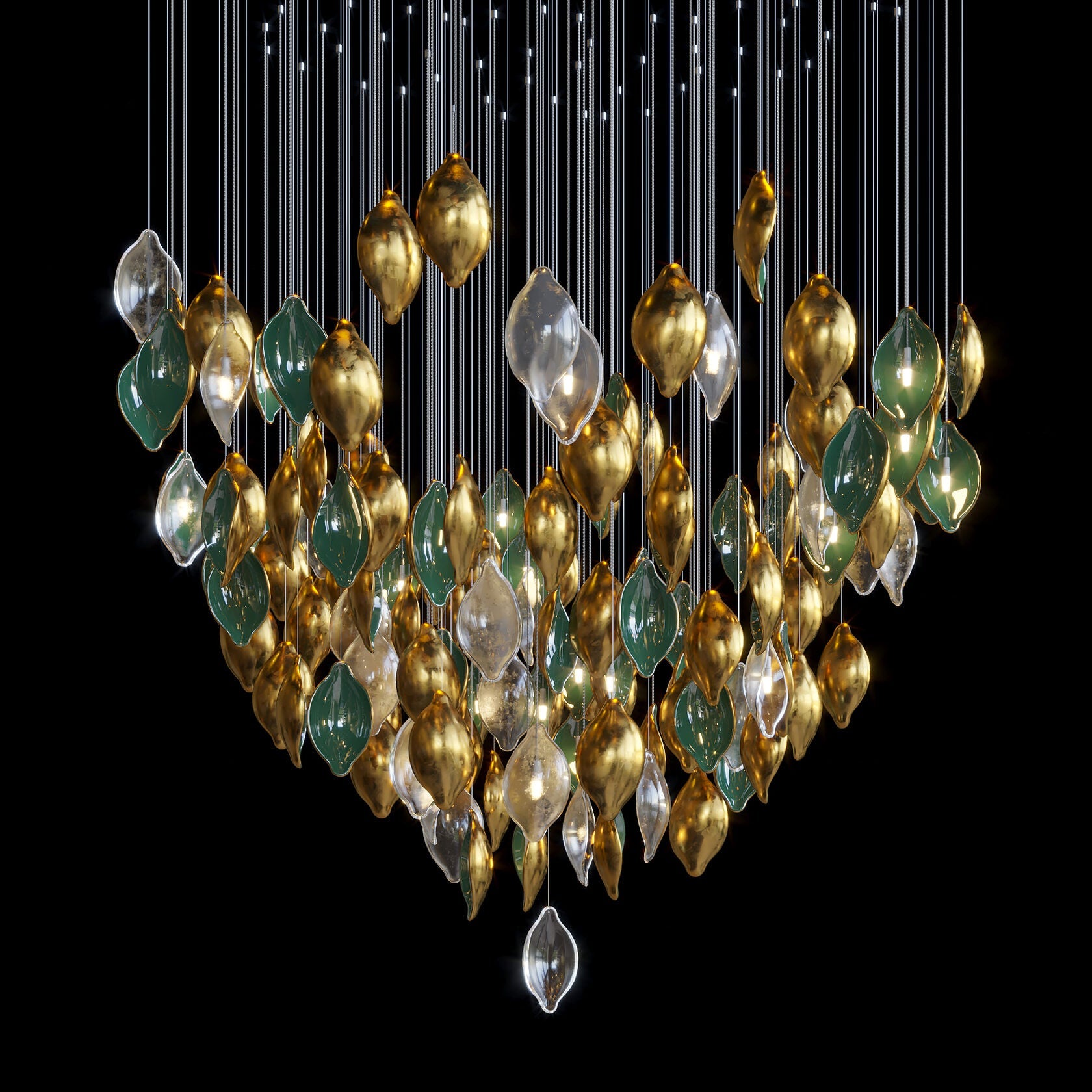 Gold Green Pod Rain Chandelier