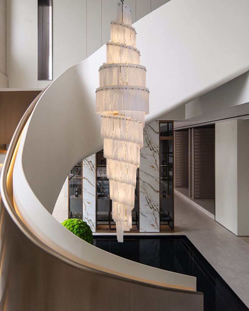 Stairwell Luxury Modern LED High Ceiling Large Alabaster Chandelier by Bling Lighting Studio