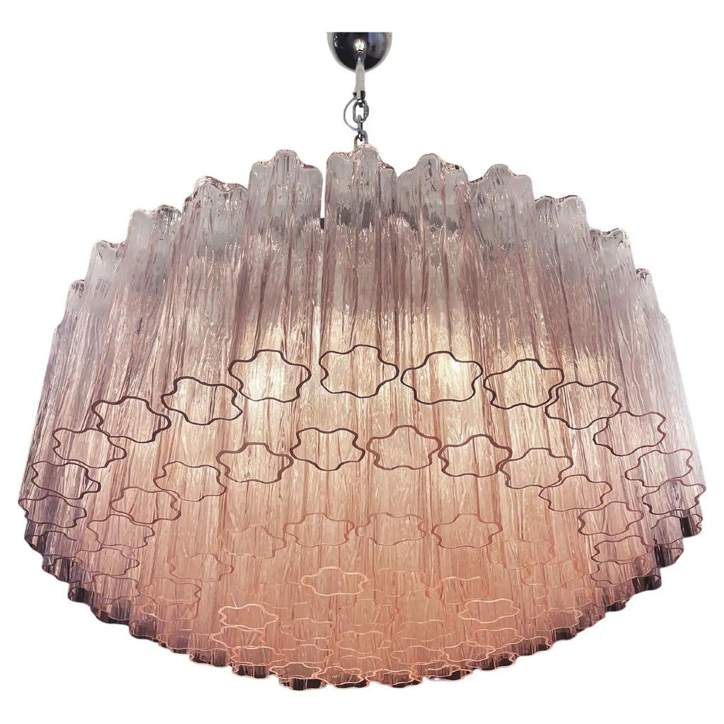 Pair Magnificent Murano Glass Chandeliers, 101 Pink Tube Glasses