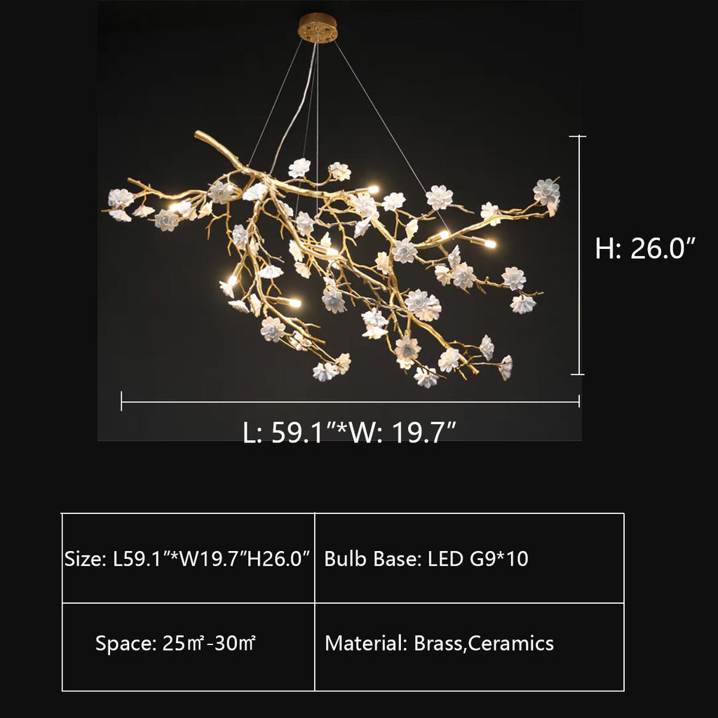 Post-Modern Art Brass and Ceramics Flower Pendant Branch Chandelier for Living/Dining Room by Bling Lighting Studio