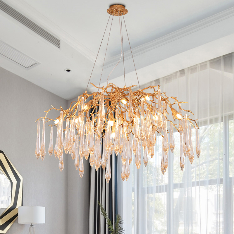 Iris Raindrop Brass Branch Round Crystal Chandelier 25'' 35'' 41''D by Bling Lighting Studio