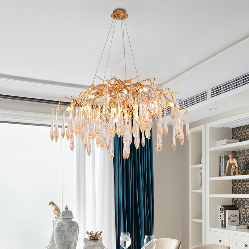 Iris Raindrop Brass Branch Round Crystal Chandelier 25'' 35'' 41''D by Bling Lighting Studio