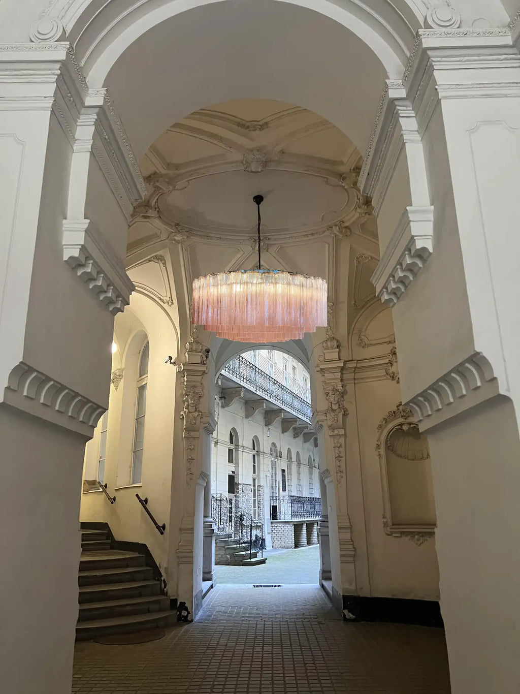 Pair Magnificent Murano Glass Chandeliers, 101 Pink Tube Glasses