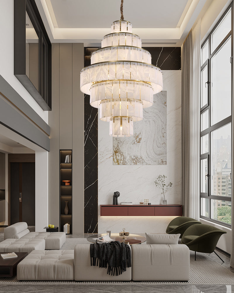 Stairwell Luxury Modern LED High Ceiling Large Alabaster Chandelier by Bling Lighting Studio