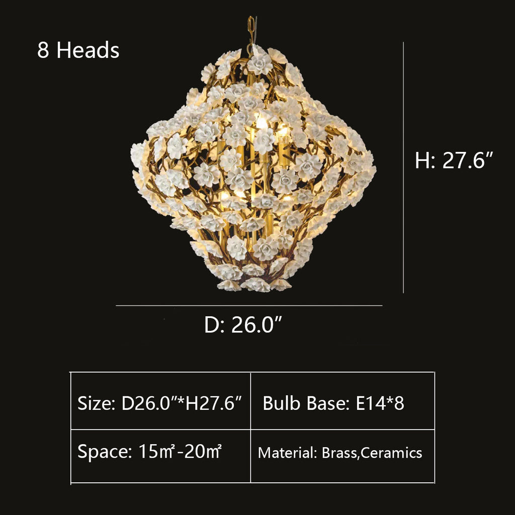 Brass and Ceramic Flower Art Chandelier Post Modern Light Luxury Style for Living and Dining Areas
