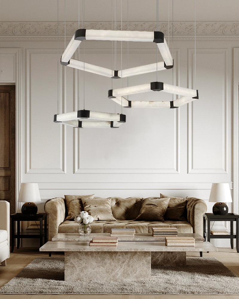 Ring lamps on string suspension in the form of pentagons made of Spanish marble and metal corners