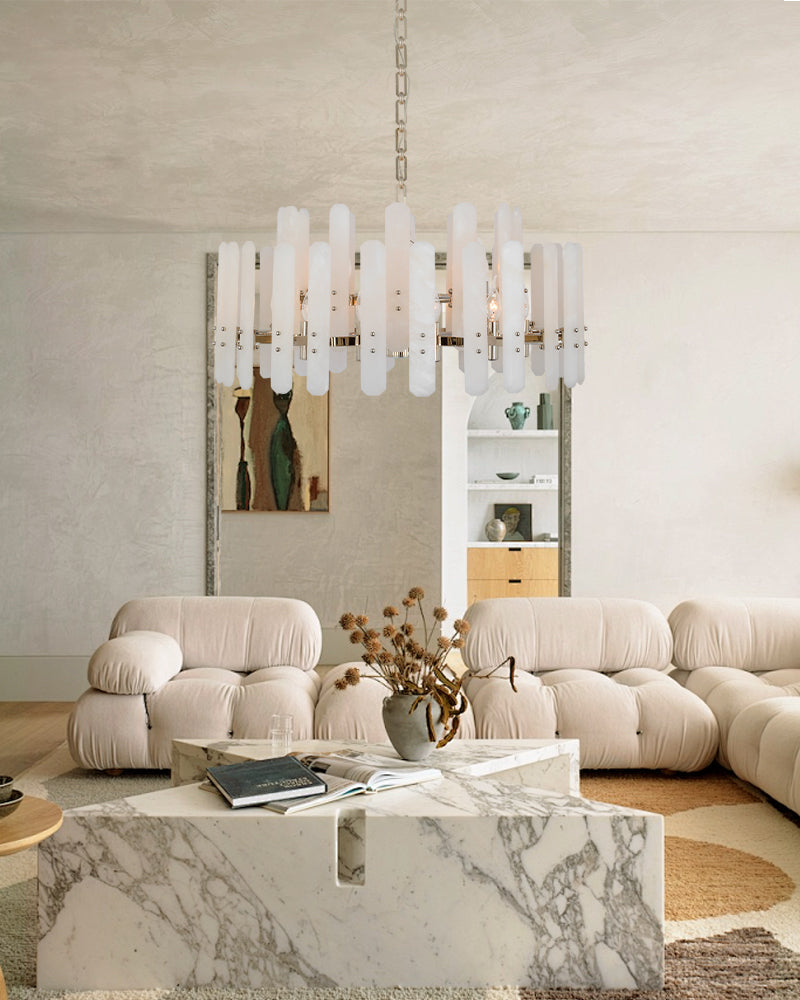 Large Alabaster Rectangular Chandelier Wide 40“ 45” with Chrome Frame for dining room
