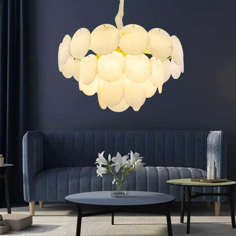 Spain Alabaster Flake Brass Living Room Chandelier by Bling Lighting Studio