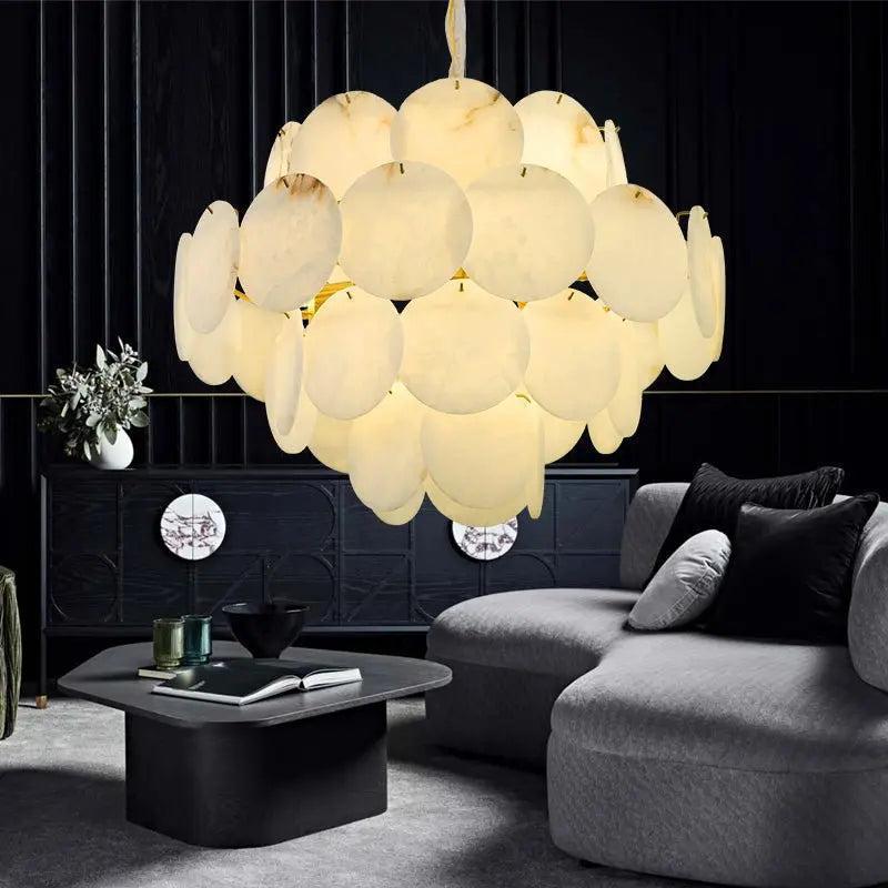 Spain Alabaster Flake Brass Living Room Chandelier by Bling Lighting Studio